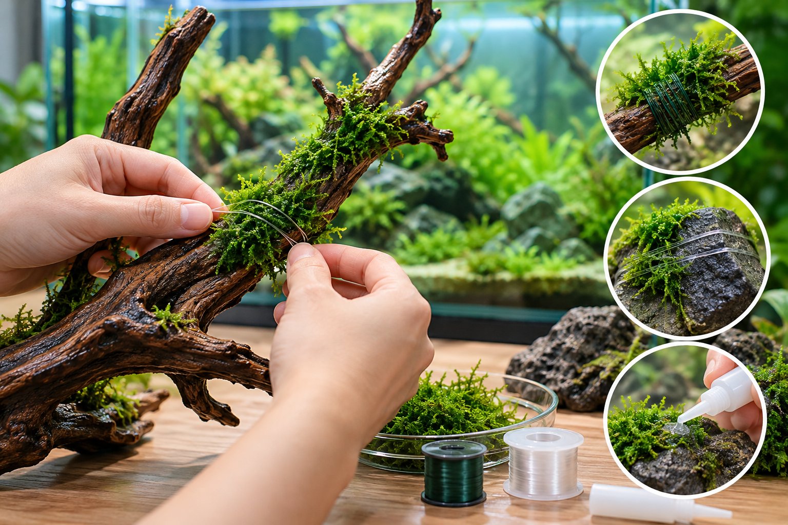 Cách buộc rêu thủy sinh vào lũa, đá đúng cách